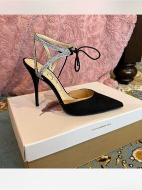 Jessica Simpson Black Pointed Toe Rhinestone Ankle Tie Stiletto
